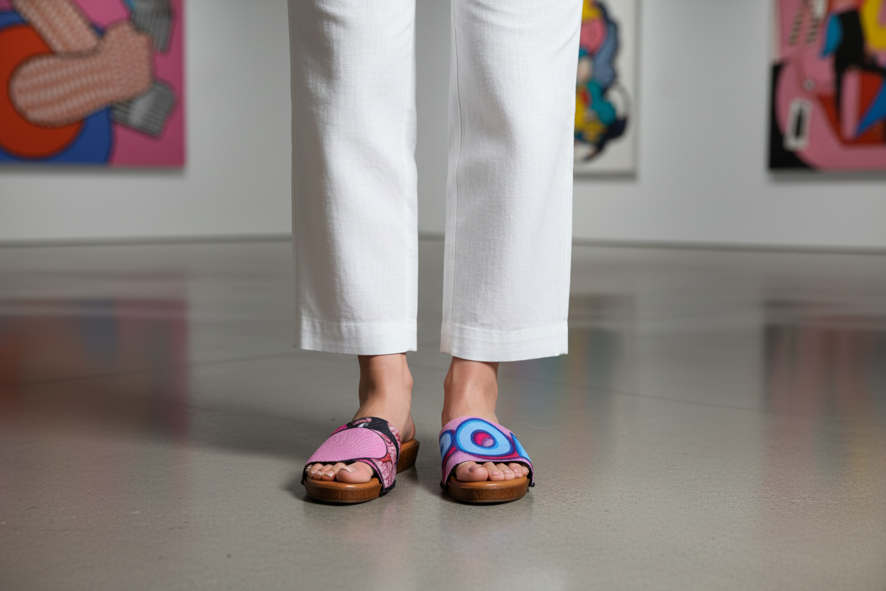 Pop Circle snap-on shoe strap close-up on cork wedge - pastel pink with oversized sky blue Lichtenstein circle by Soule