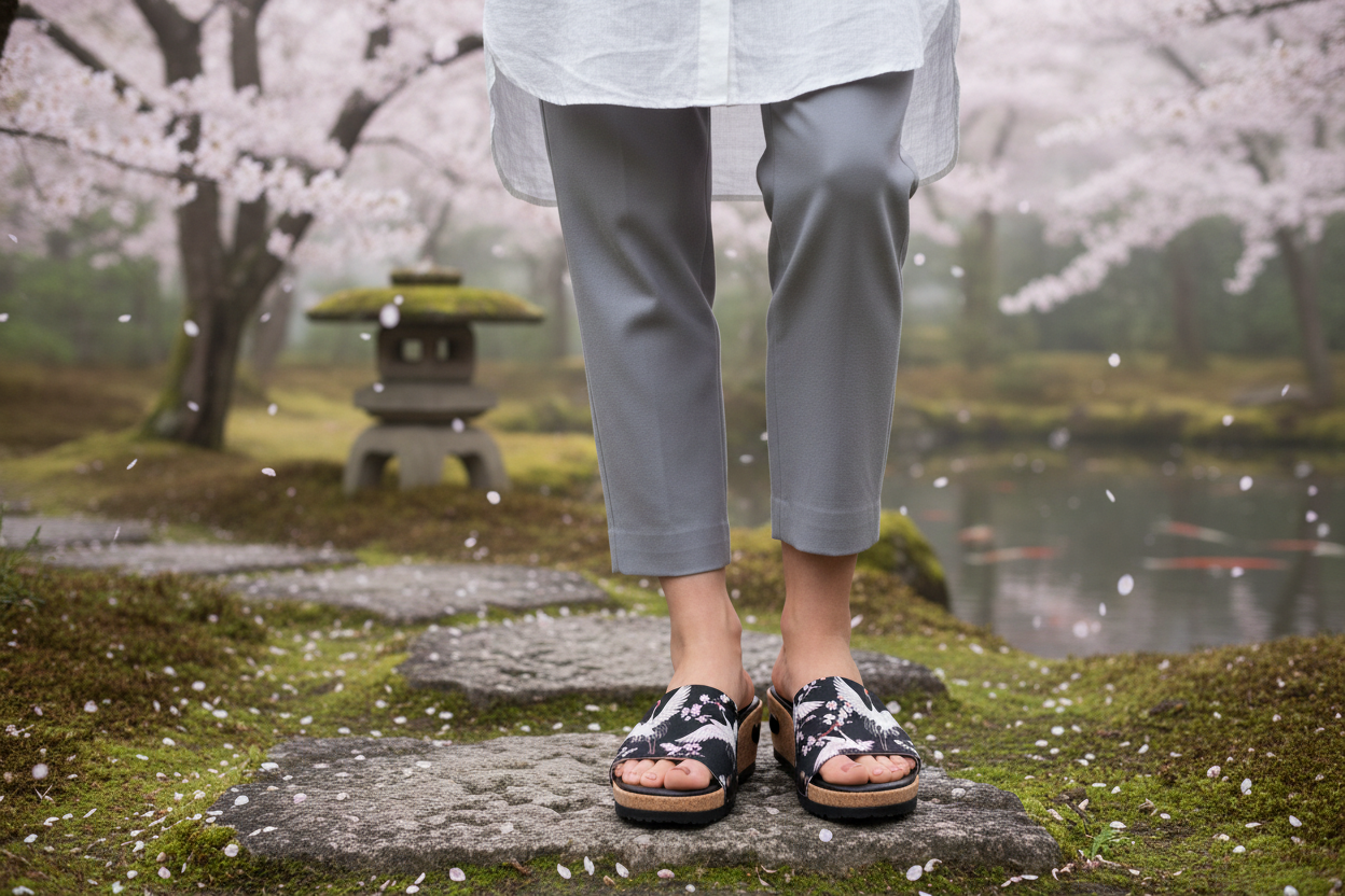 Crane Blossom snap-on shoe strap set close-up on cork wedge - Japanese red-crowned cranes with cherry blossoms on black by Soule