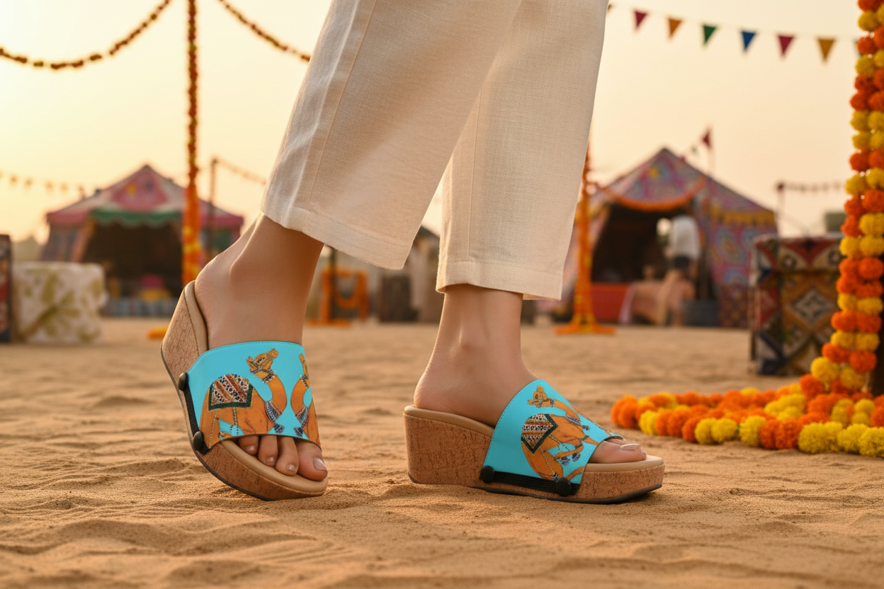 Desert Royale snap-on shoe strap set close-up on cork wedge - mirrored golden camels and dynamic camel duo on turquoise by Soule