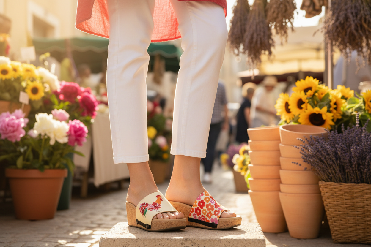 Floral Rooster interchangeable sandal set mid shot - charming folk art rooster and groovy daisy straps on cream cork wedge on Mediterranean terrace by Soule