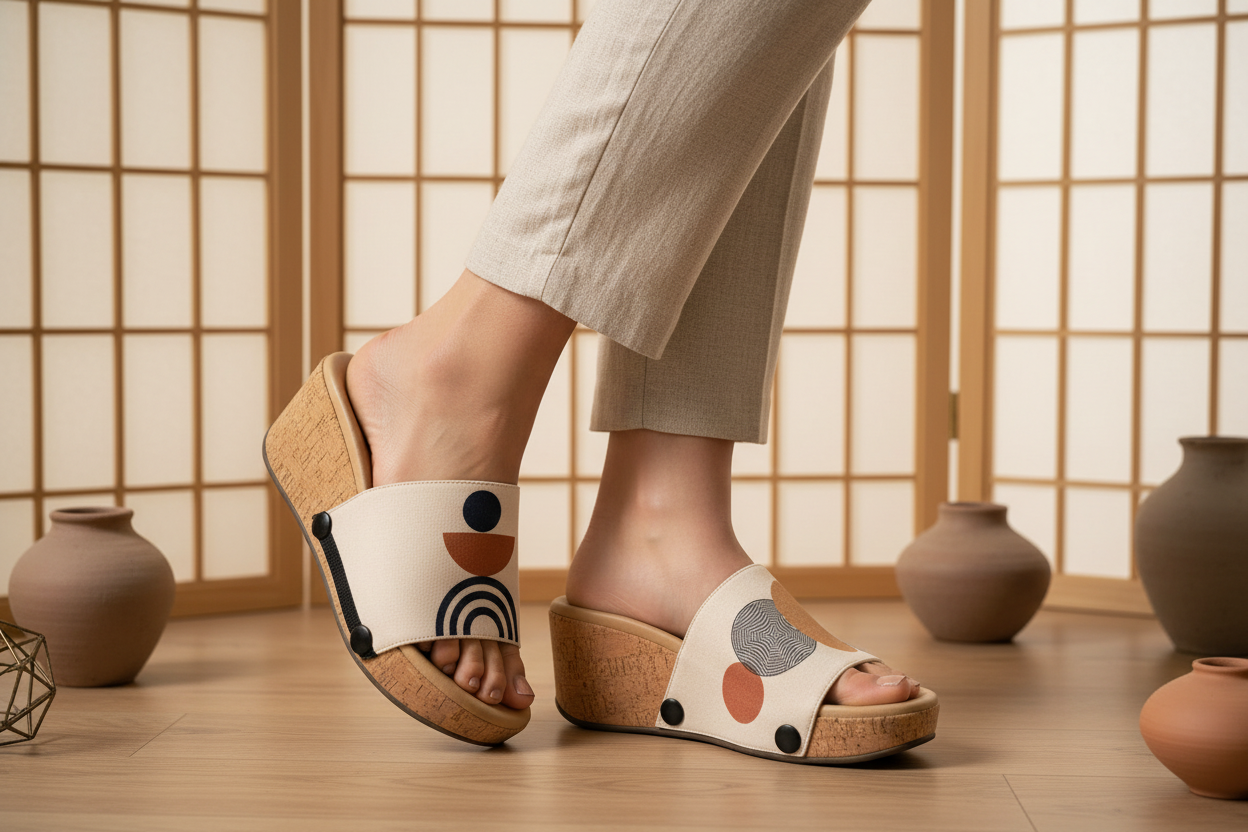 Modern Muse snap-on shoe strap close-up on cork wedge - cream with terracotta arch and Op-art circles by Soule
