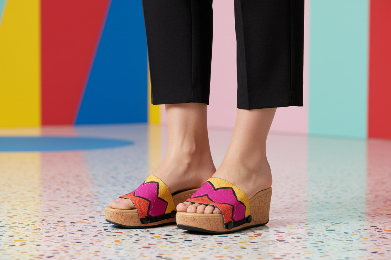 Zigzag snap-on shoe strap close-up on cork wedge - golden yellow with magenta and coral chevrons by Soule