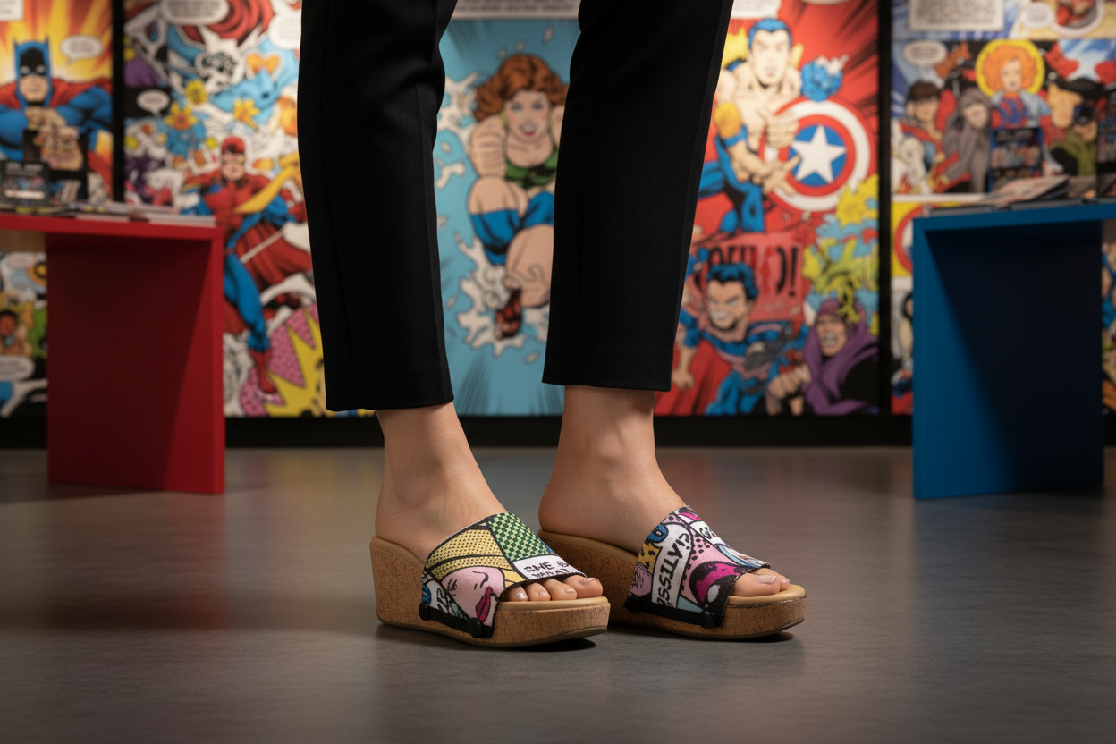Gossip Girl snap-on shoe strap close-up on cork wedge - white Lichtenstein comic panels with pink lips and speech bubbles by Soule