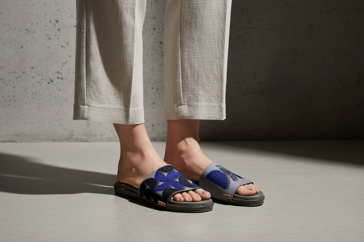 Geometric snap-on shoe strap close-up on cork wedge - silver grey with navy mosaic and concentric arch by Soule