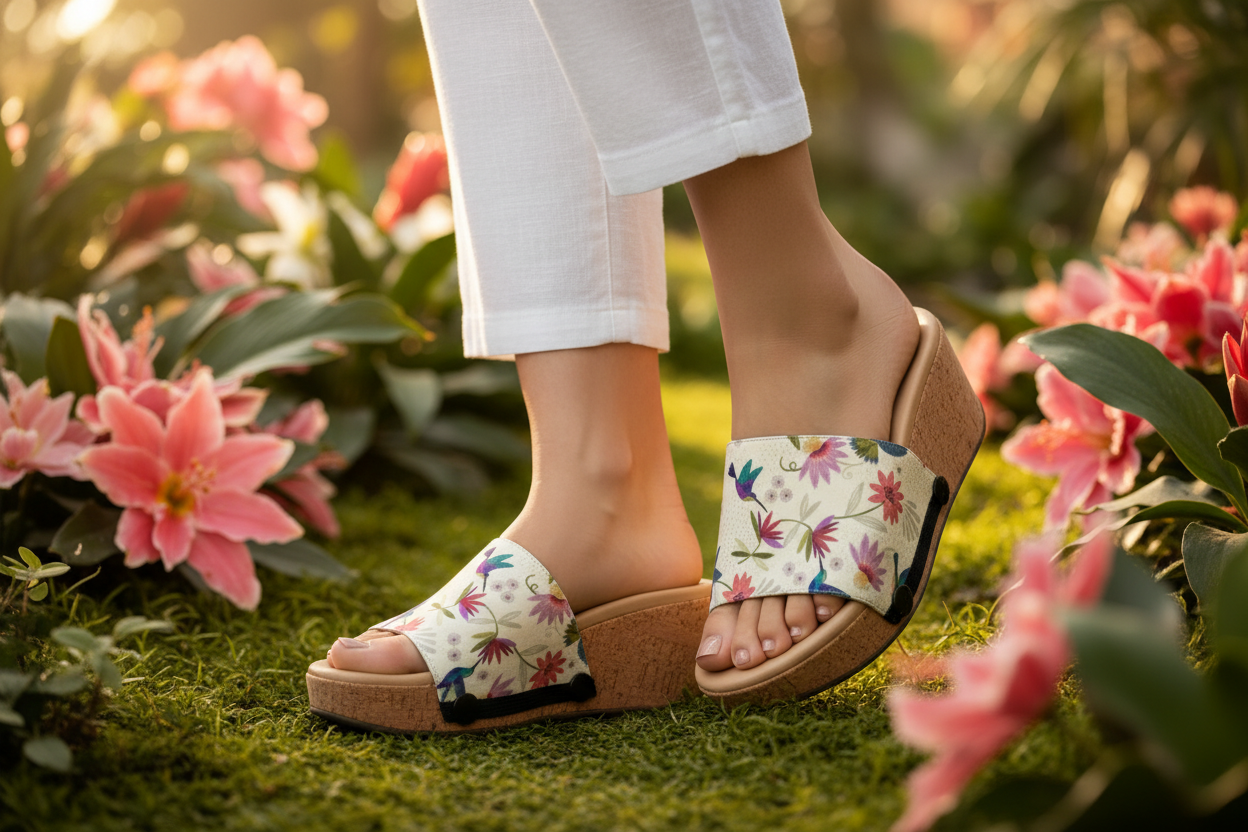 Hummingbird Garden snap-on shoe strap set close-up on cork wedge - jewel-toned hummingbirds with pink flowers on soft cream by Soule