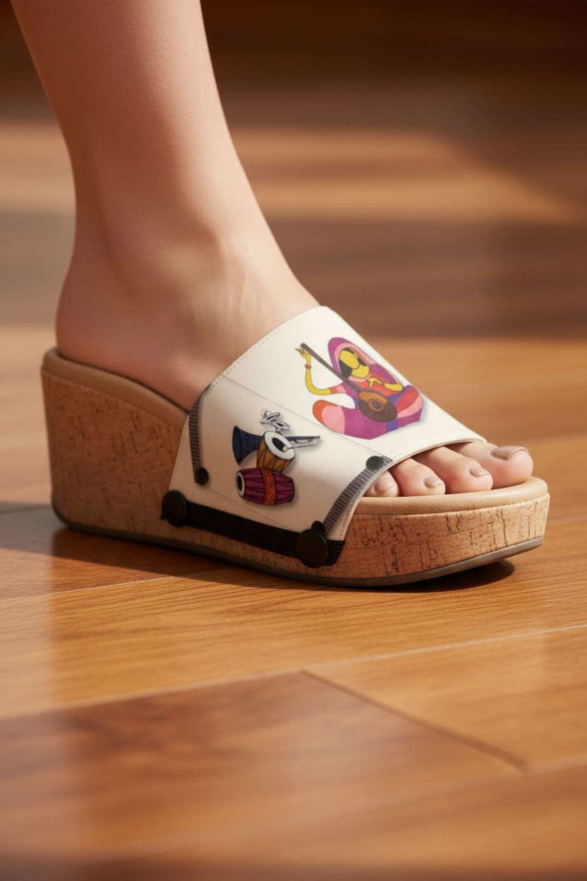 Close-up of Raaga strap sandal — Indian classical music illustration with veena musician and tabla drums on white cork wedge sole with black snap closures, by Soule Footwear