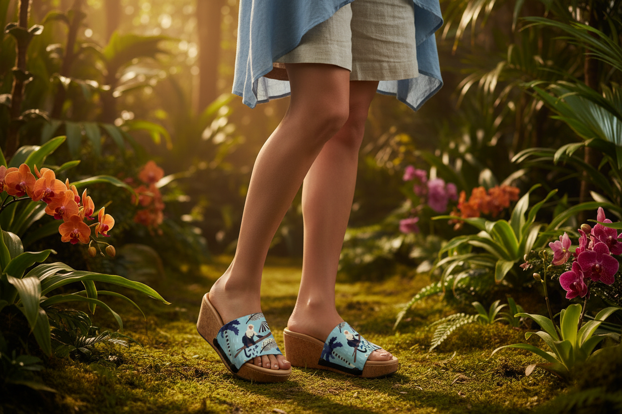 Jungle Capuchin snap-on shoe strap set close-up on cork wedge - white-faced capuchin monkeys on powder blue tropical jungle print by Soule