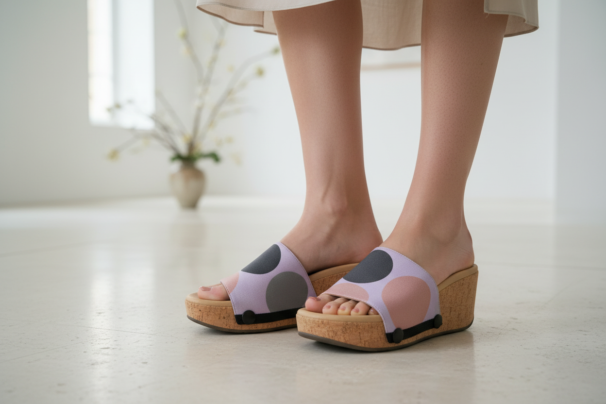 Minimalist Elegance snap-on shoe strap close-up on cork wedge - lavender with charcoal and blush overlapping circles by Soule