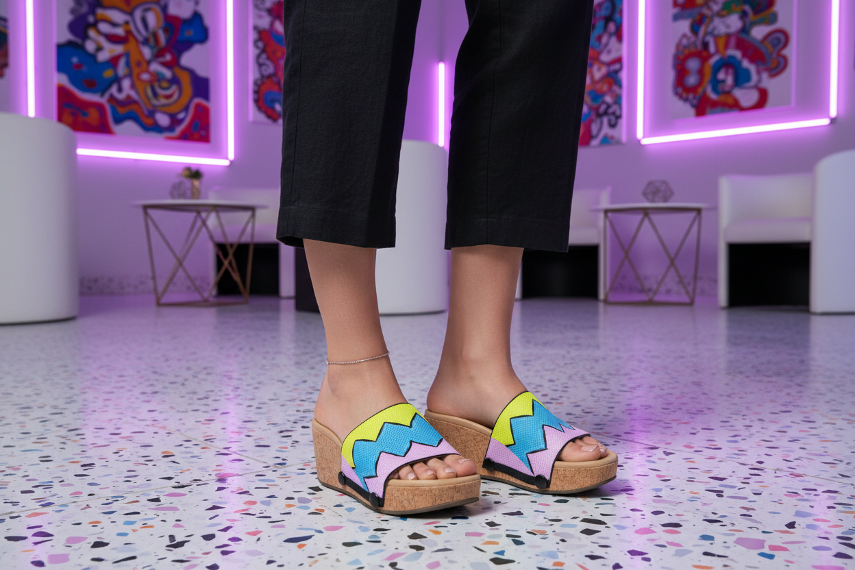 Zigzag Zest snap-on shoe strap close-up on cork wedge - lime, sky blue and pastel pink retro zigzag by Soule