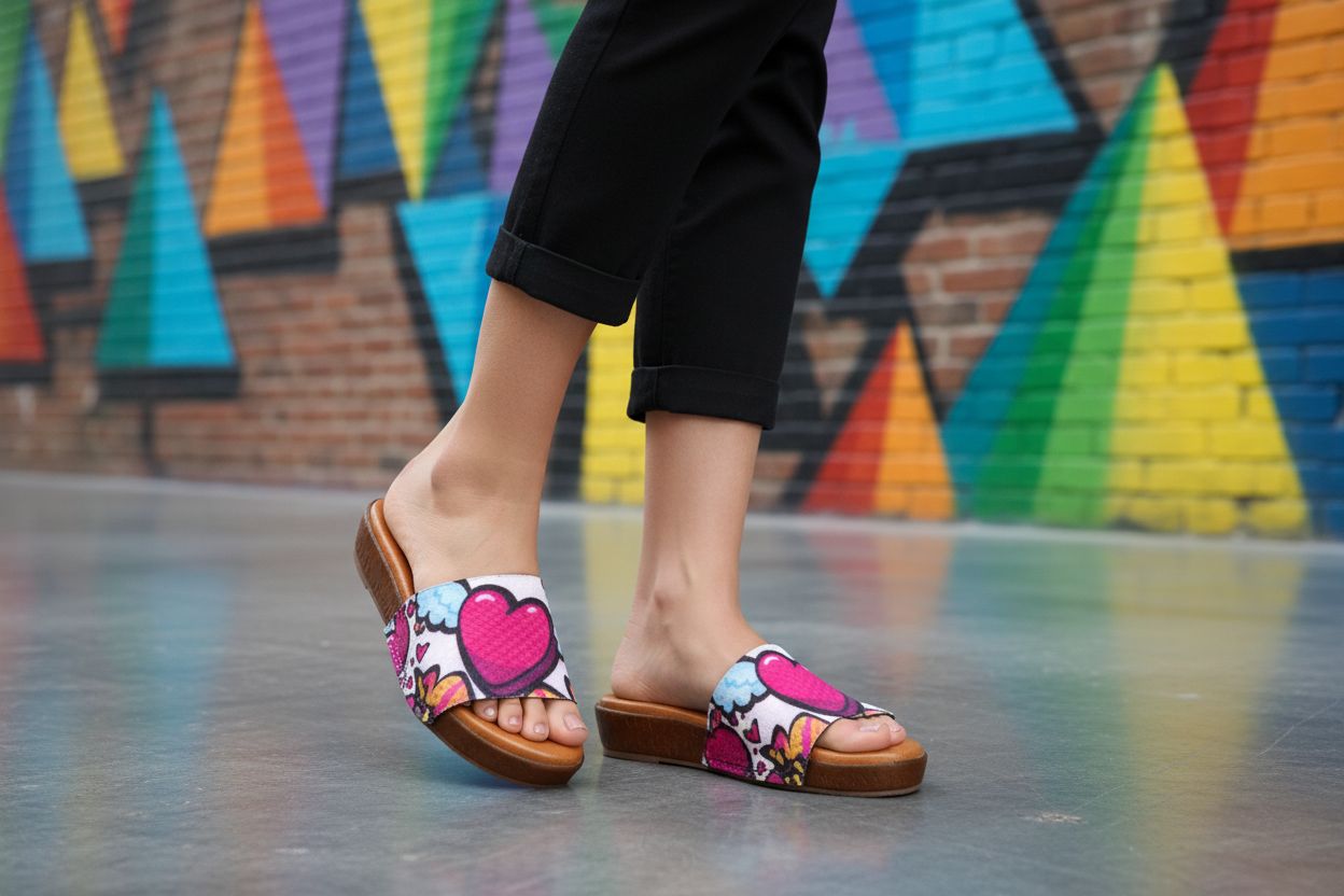 Love Bomb snap-on shoe strap close-up on flat slide - white with bold magenta graffiti hearts by Soule