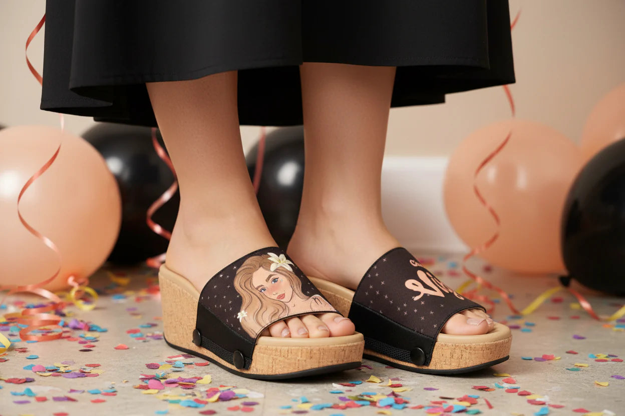 Close-up of model wearing Soule cork wedge sandal with Cheerful Virgo zodiac interchangeable strap at a birthday celebration