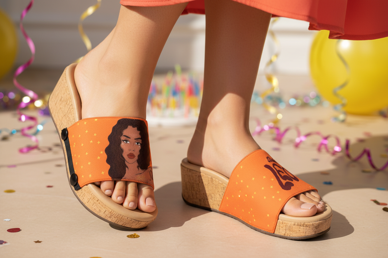 Close-up of cork wedge slide sandals with black snap clips and vibrant orange Bold Leo zodiac strap with curly-haired lioness illustration in a Birthday celebration by Soule Footwear