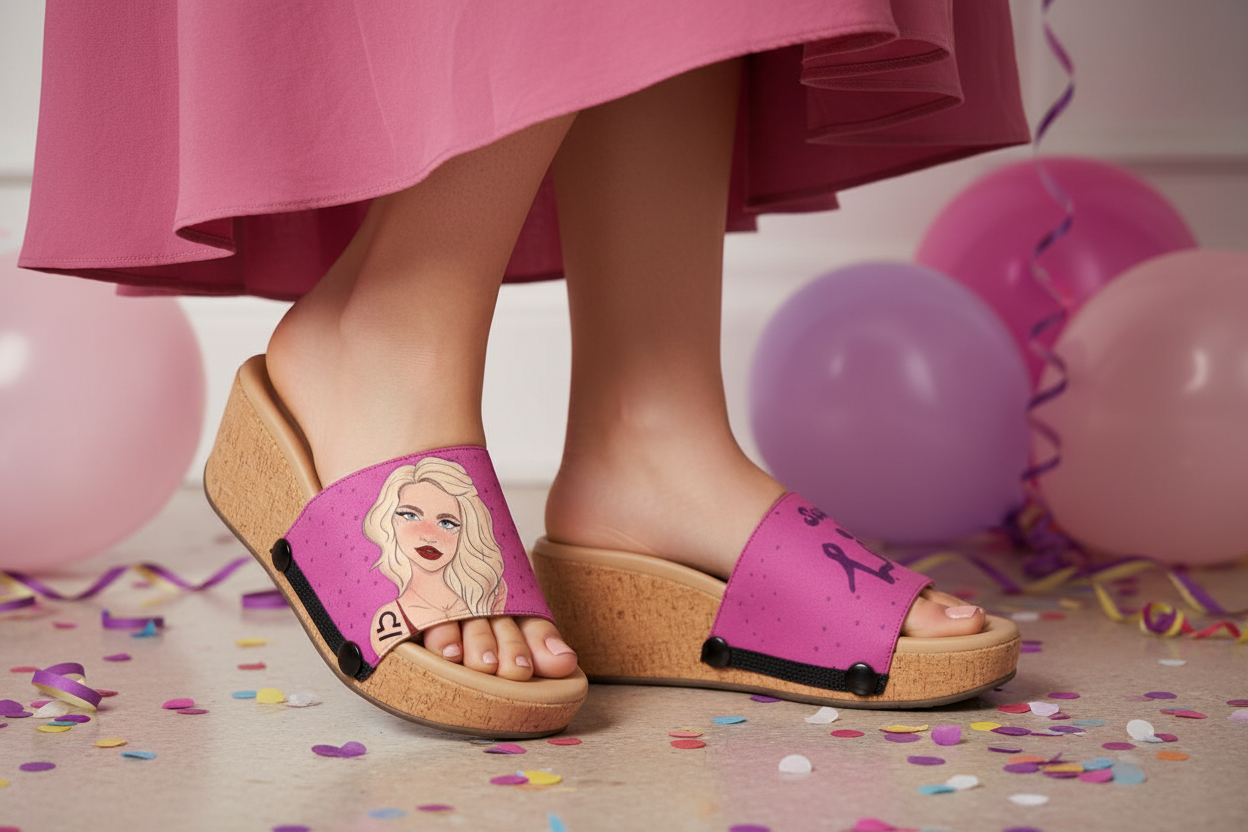 Close-up of cork wedge slide sandals with black snap clips and pink Sweet Libra zodiac strap on a birthday