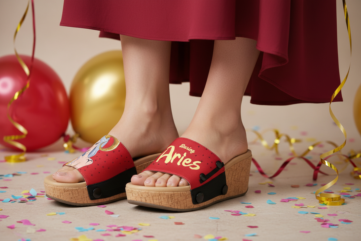 Close-up of cork wedge slide sandals with black snap clips and vivid red Daring Aries zodiac strap with gold text in a birthday celebration by Soule Footwear