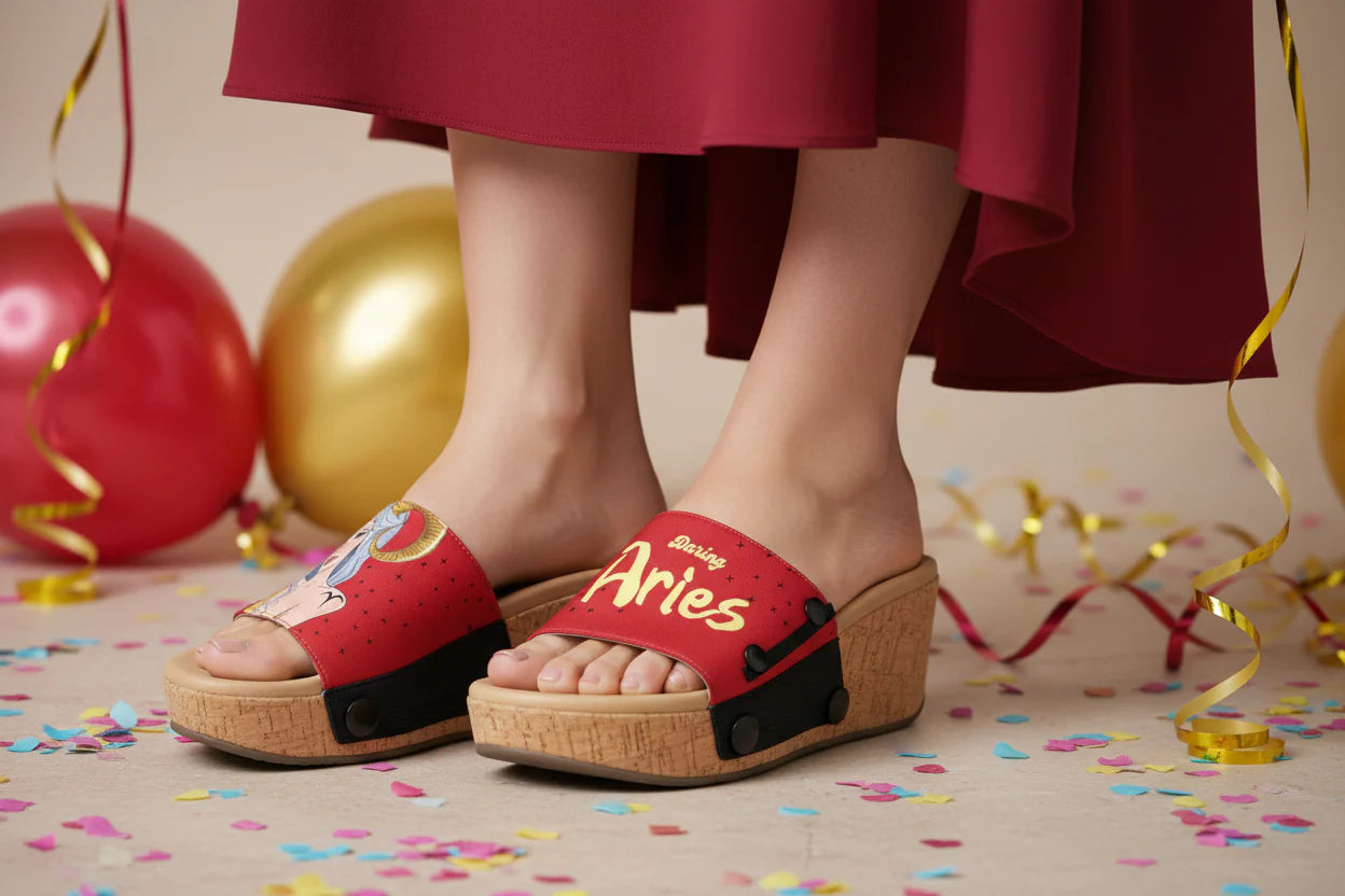 Close-up of model wearing Soule cork wedge sandal with Daring Aries zodiac interchangeable strap at a birthday celebration