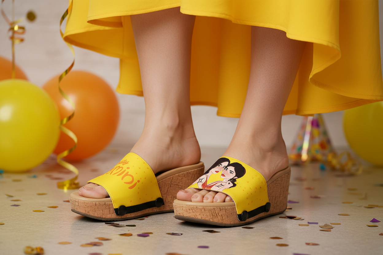 Close-up of cork wedge slide sandals with black snap clips and vibrant yellow Chatty Gemini zodiac strap in a a birthday setting by Soule Footwear