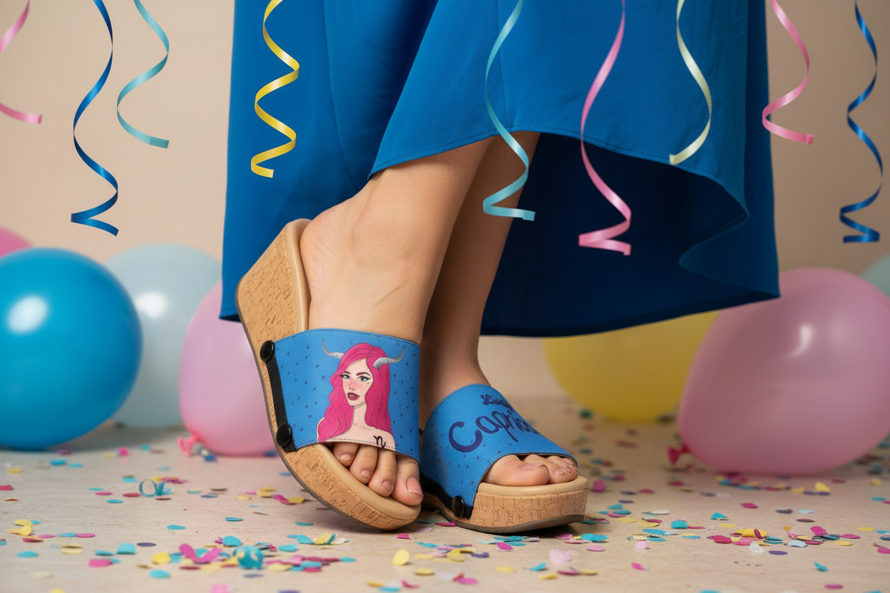 Close-up of cork wedge slide sandals with black snap clips and bright blue Lively Capricorn zodiac strap with pink-haired illustration in a birthday celebration by Soule Footwear