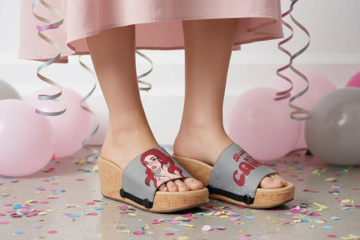 Close-up of model wearing Soule cork wedge sandal with Bubbly Cancer zodiac interchangeable strap at birthday celebration