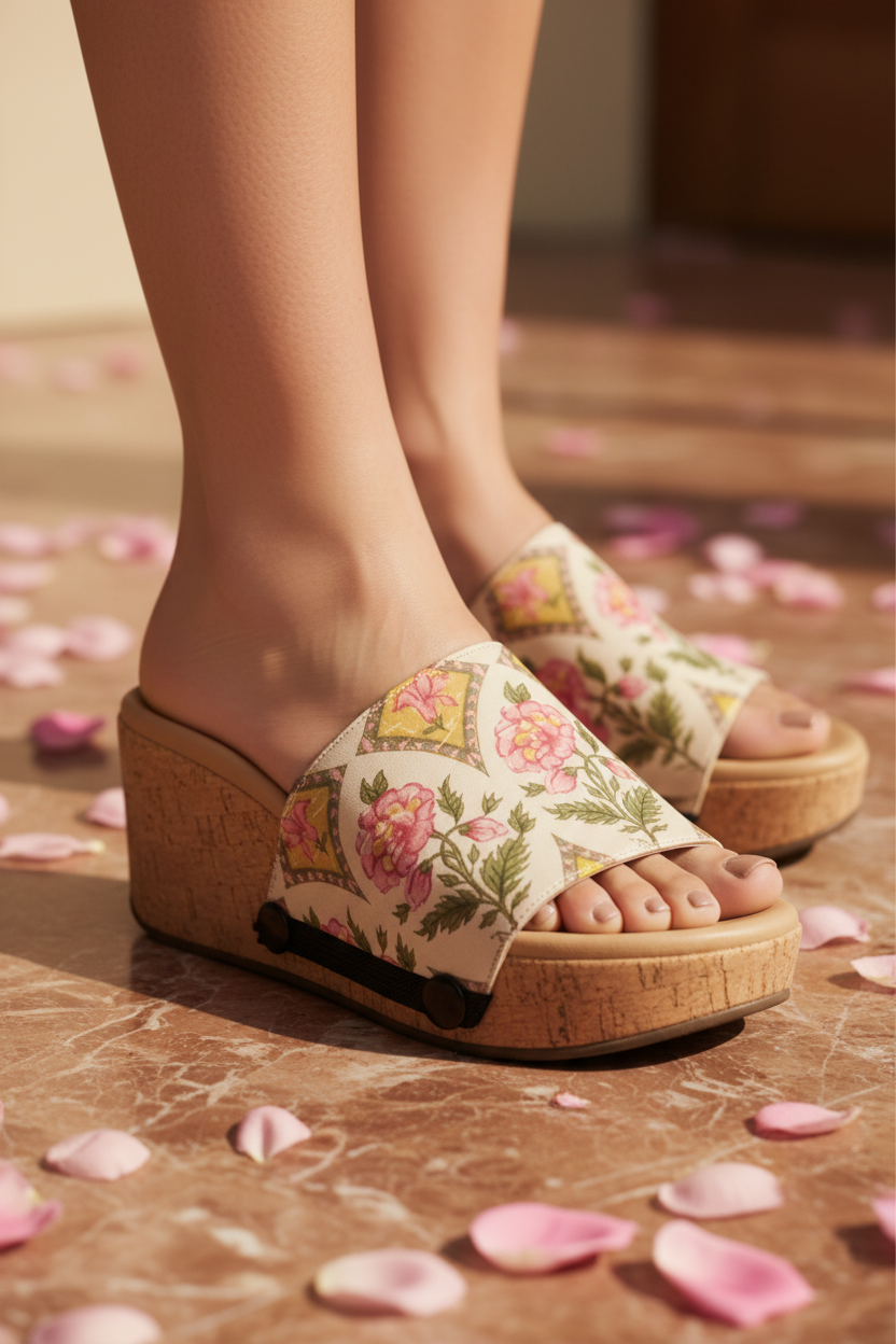 Close-up of Floral Fantasy strap sandal — delicate Mughal pink rose and gold diamond lattice print on  cork wedge sole with black snap closures, by Soule Footwear