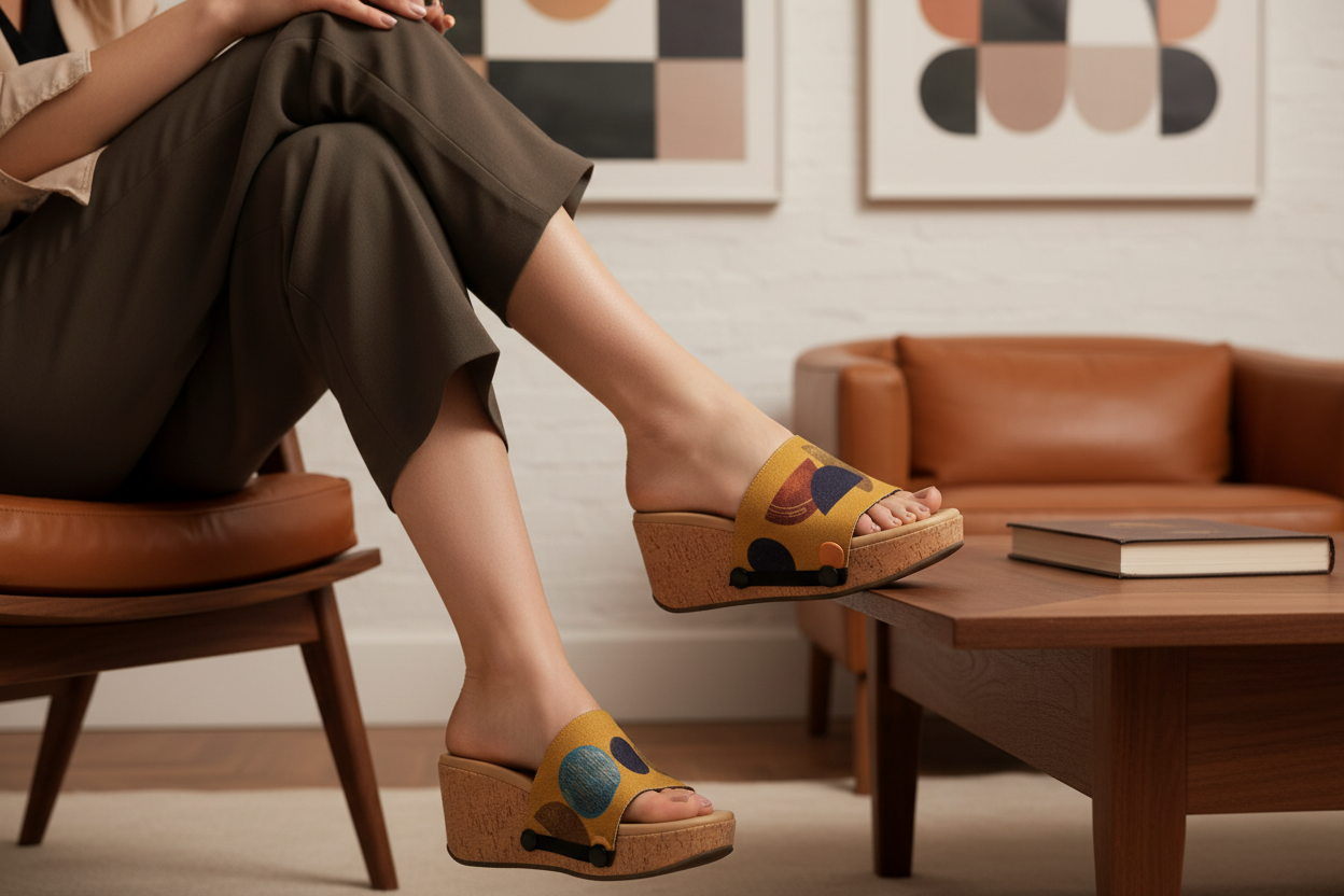Bauhaus Circle snap-on shoe strap close-up on cork wedge - mustard yellow with navy and terracotta circles by Soule