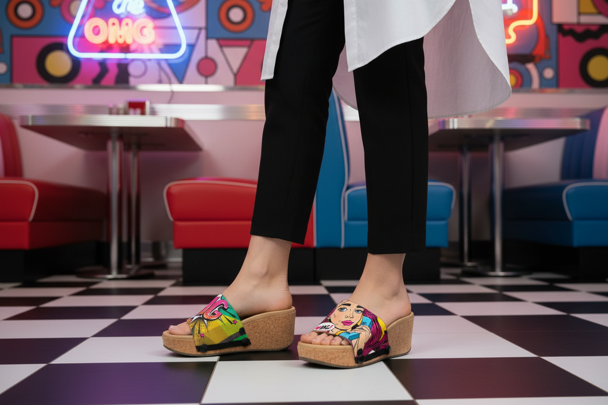 OMG snap-on shoe strap set close-up on cork wedge - multicolour OMG starburst and Lichtenstein telephone girl by Soule