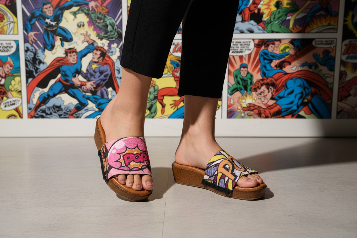 Pop! snap-on shoe strap close-up - pink POP! and lavender POP! comic book speech bubble straps by Soule