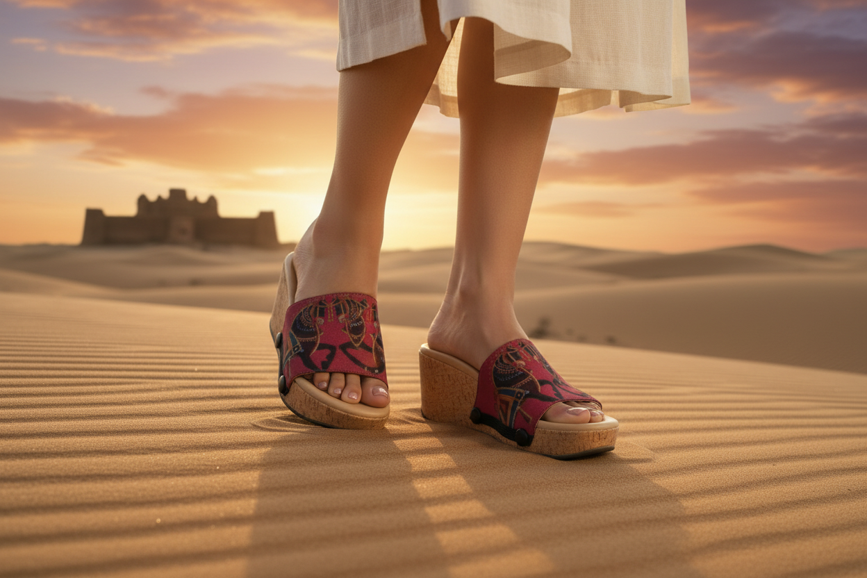 Majestic Crest snap-on shoe strap set close-up on cork wedge - ornate Rajasthani decorated camel on cobalt blue by Soule