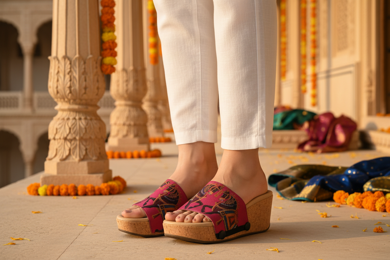 Royal Parade snap-on shoe strap set close-up on cork wedge - ornate Rajasthani decorated horses on hot magenta by Soule
