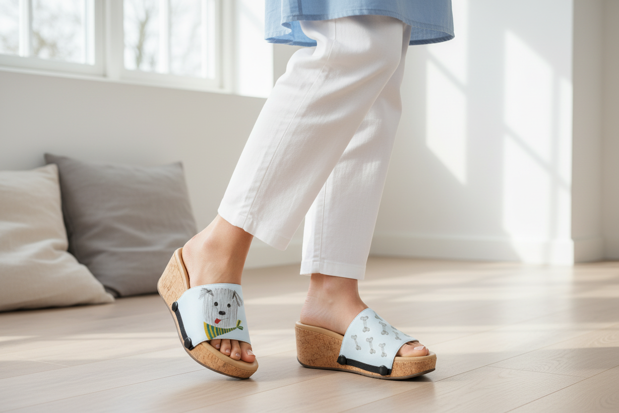 Scruffy & Bones snap-on shoe strap set close-up on cork wedge - hand-drawn scruffy dog in yellow-green scarf and dog bones on powder blue by Soule