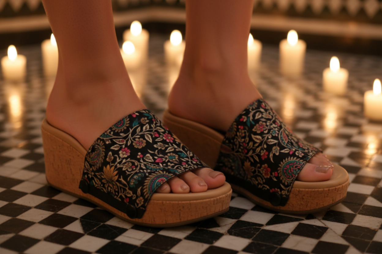  Close-up of Elegant Ethnic dark baroque floral gold teal crimson and pink interchangeable strap on cork wedge sole by Soule Footwear on dark ornate mosaic tile floor in candlelit Moroccan riad