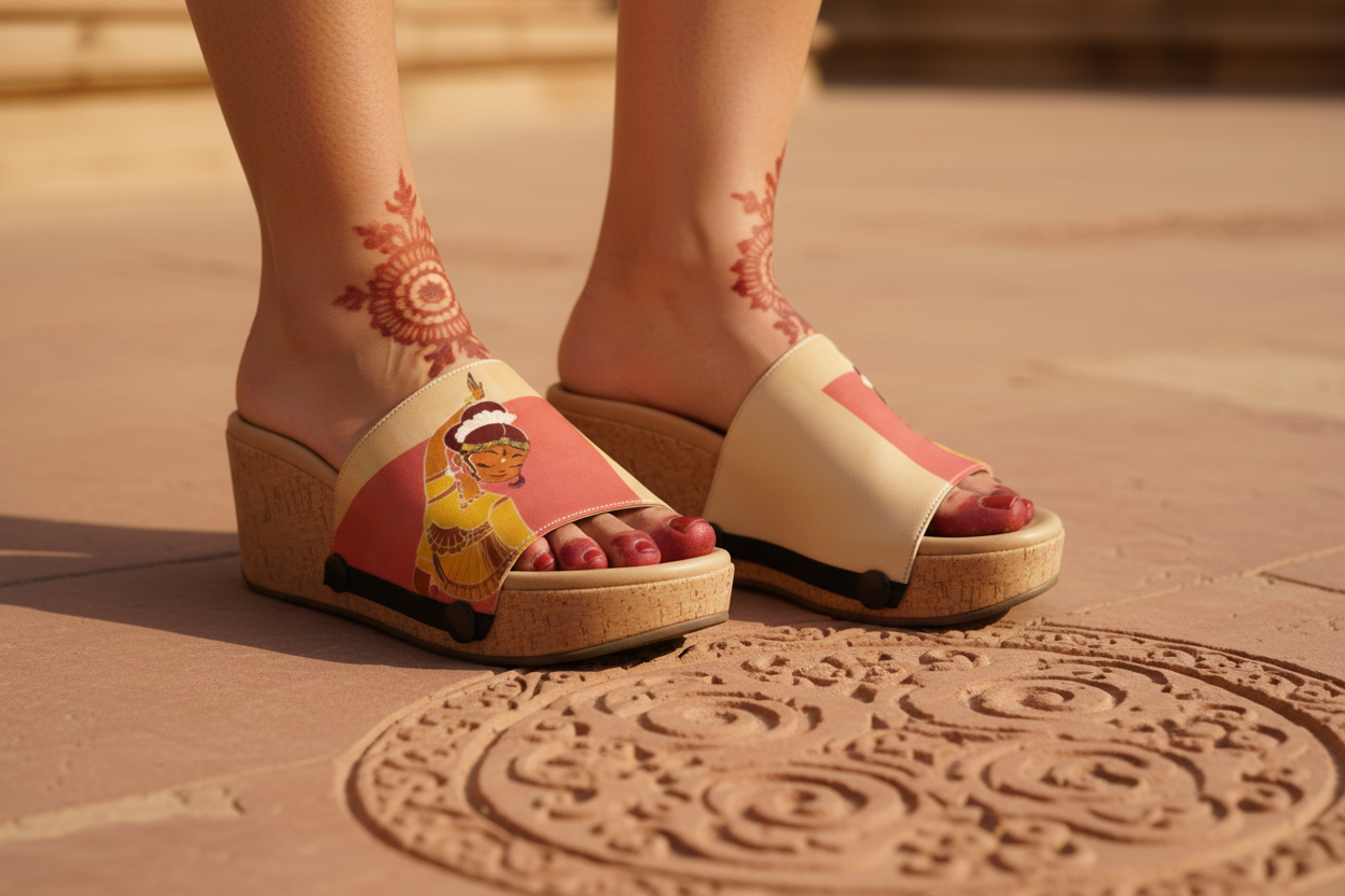 Close-up of Graceful Heritage Dance Bharatanatyam classical dancer vibrant yellow and gold interchangeable strap on cork wedge sole by Soule Footwear on warm sandstone temple courtyard floor