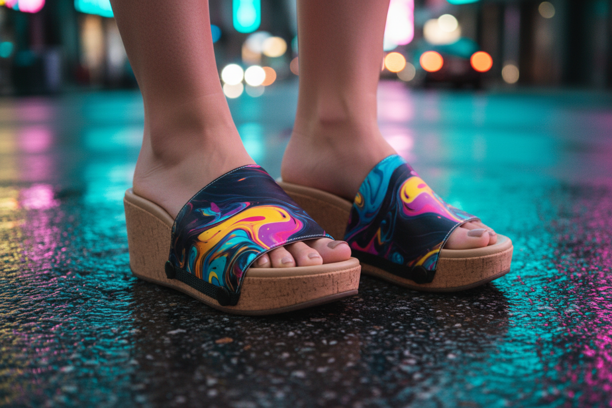 Close-up of Mesmerising Fluid Art bold neon navy yellow cyan and pink fluid art interchangeable strap on cork wedge sole by Soule Footwear on neon-lit urban pavement