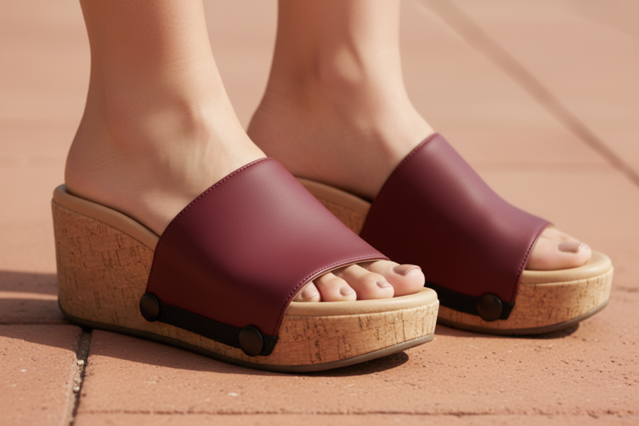 Close-up of Maroon solid interchangeable strap on cork wedge sole by Soule Footwear on terracotta pavement