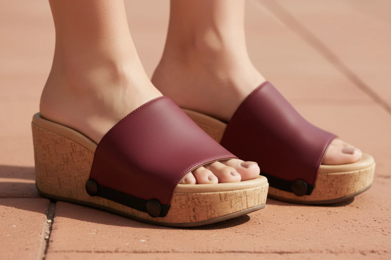 Close-up of model wearing Soule cork wedge sandal with Maroon interchangeable strap on terracotta pavement