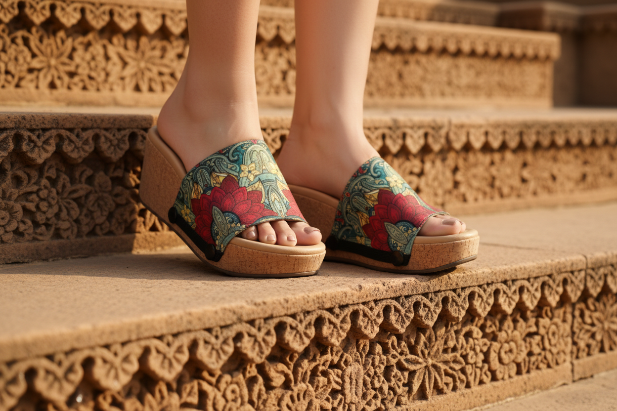 Close-up of Kolhapuri Floral Ethnic crimson lotus teal and gold Art Nouveau interchangeable strap on cork wedge sole by Soule Footwear on warm ancient carved stone temple steps