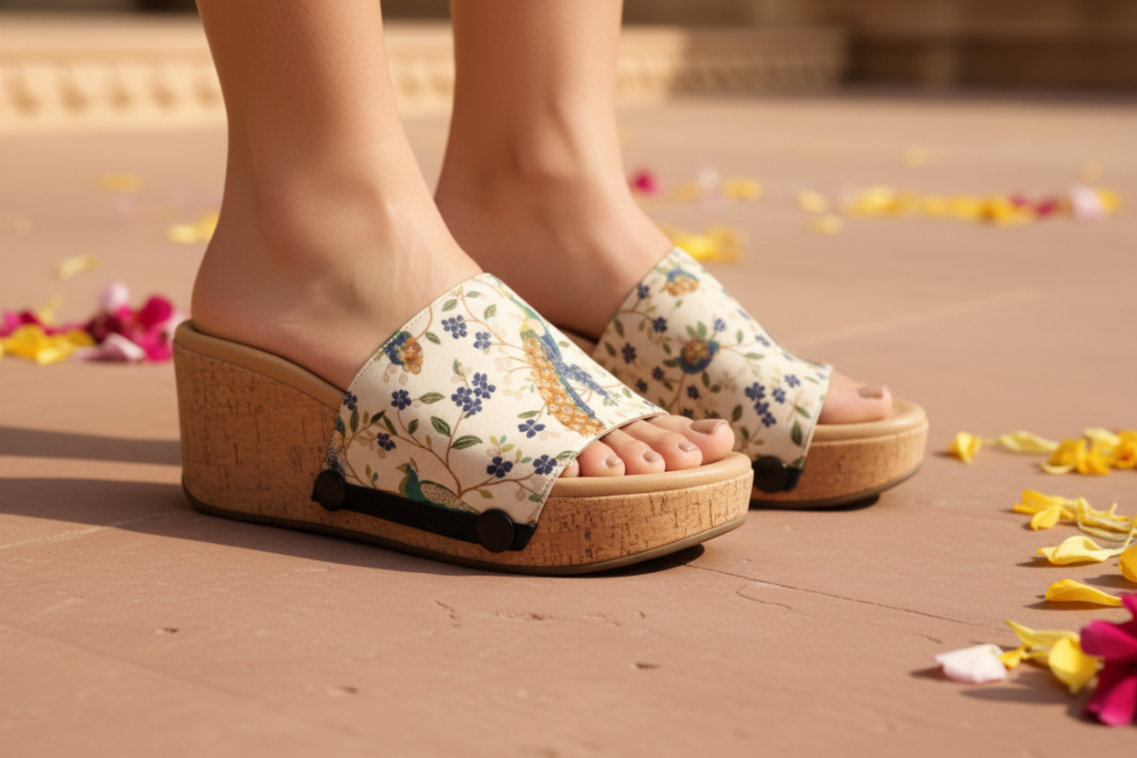 Close-up of Peacock Charm teal gold peacock and navy floral Mughal garden interchangeable strap on cork wedge sole by Soule Footwear on warm sandstone Mughal garden courtyard floor