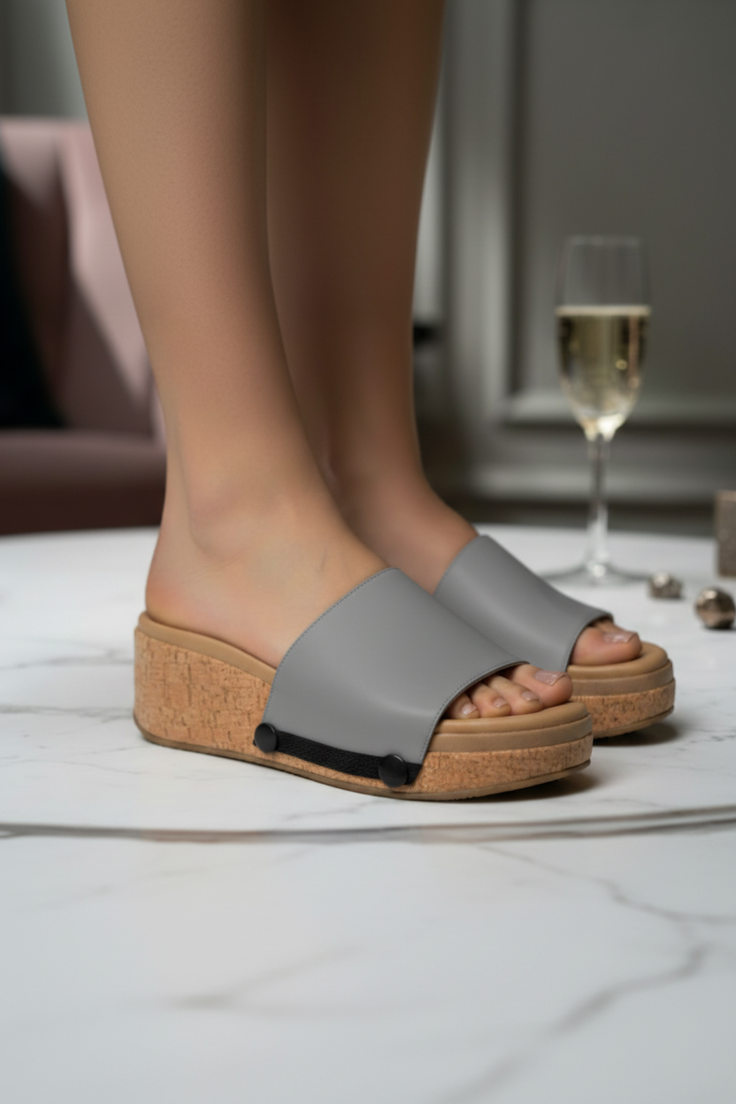 Close-up of plain grey snap-on shoe strap on Soule cork wedge platform sole with black snap buttons and black rubber sole edge, worn on white marble floo