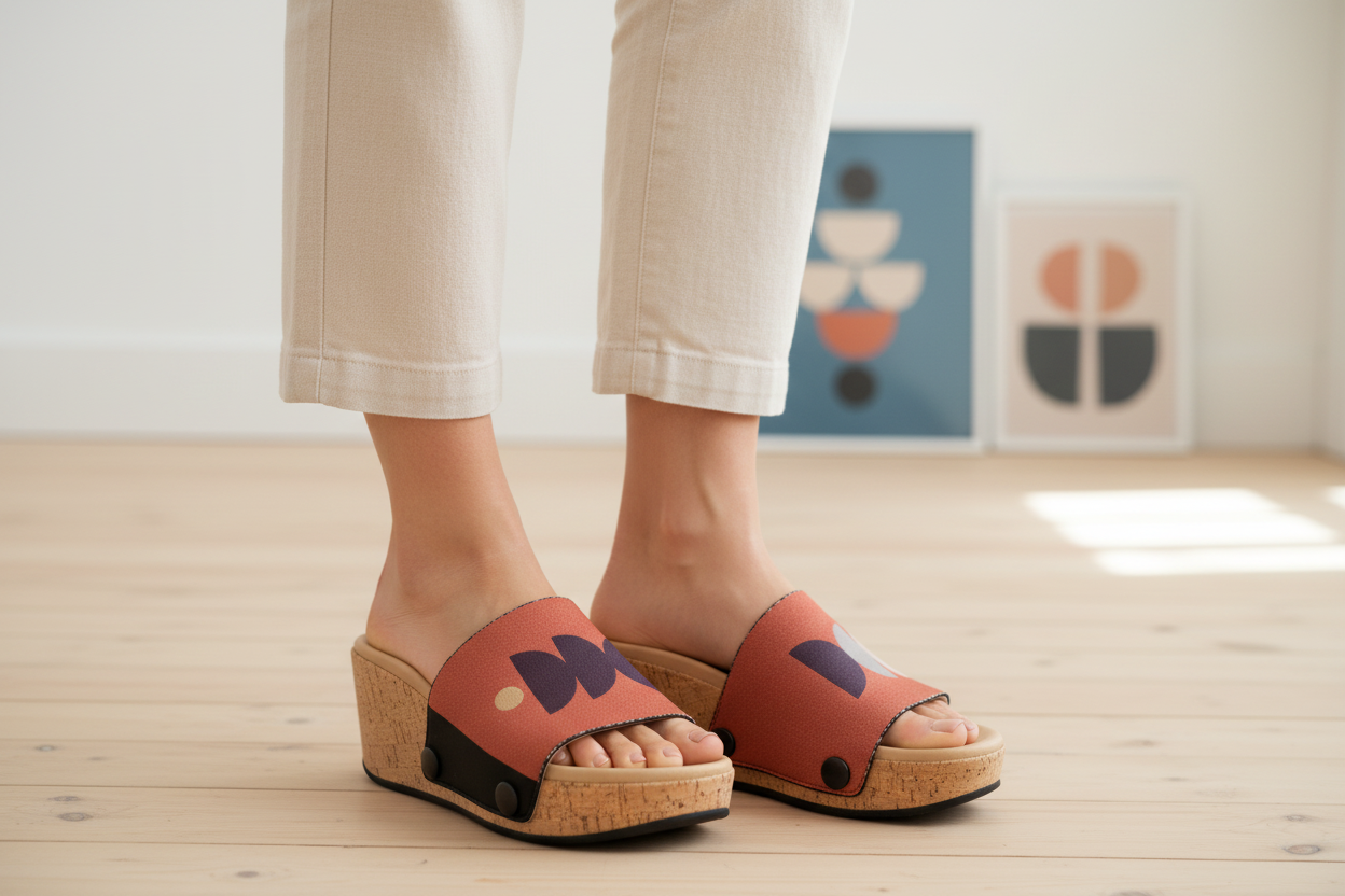 Modern Arts snap-on shoe strap close-up on cork wedge - terracotta with plum and lavender crescent shapes by Soule