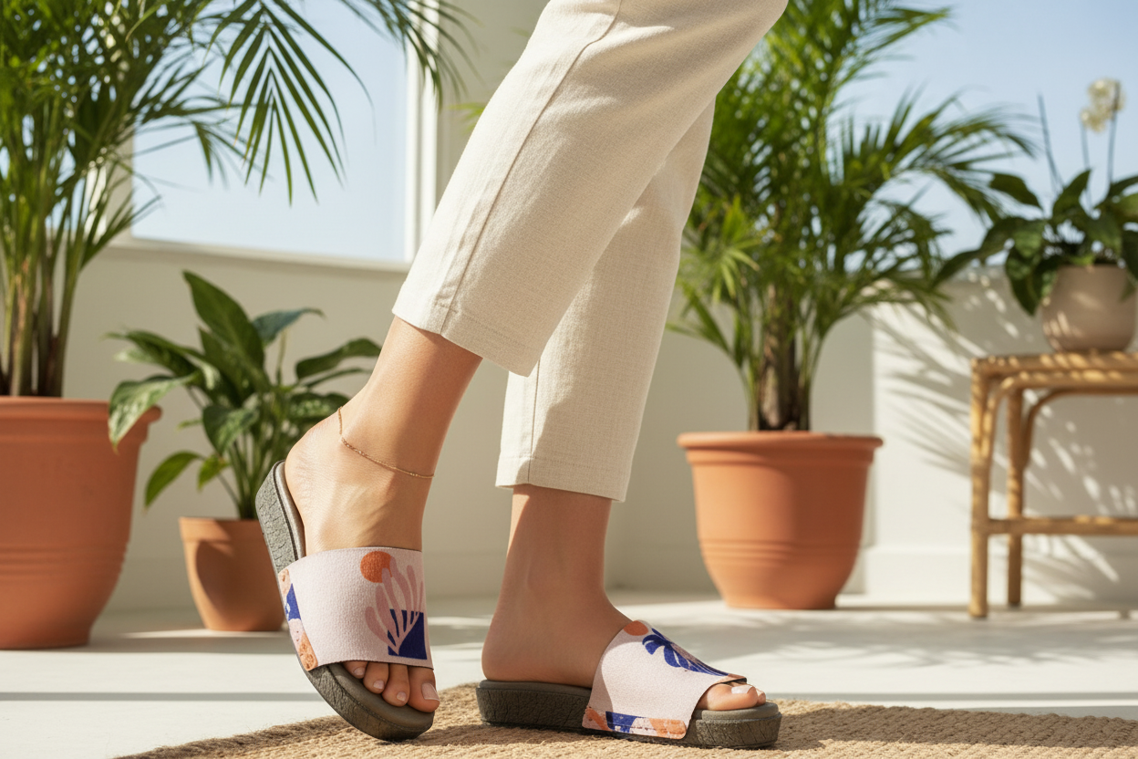 Lush Leaf snap-on shoe strap close-up on flat sole - cream with navy monstera and coral botanical art by Soule