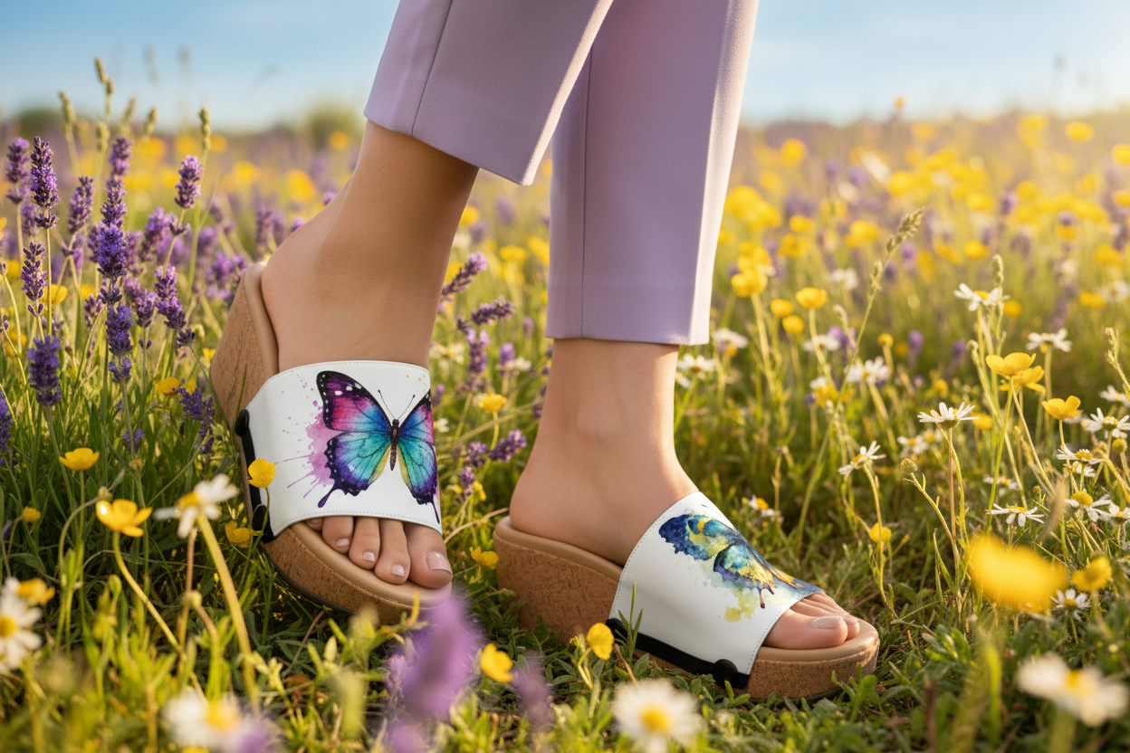 Watercolour Wings snap-on shoe strap set close-up on cork wedge - rainbow watercolour butterfly and teal orange butterfly on white by Soule