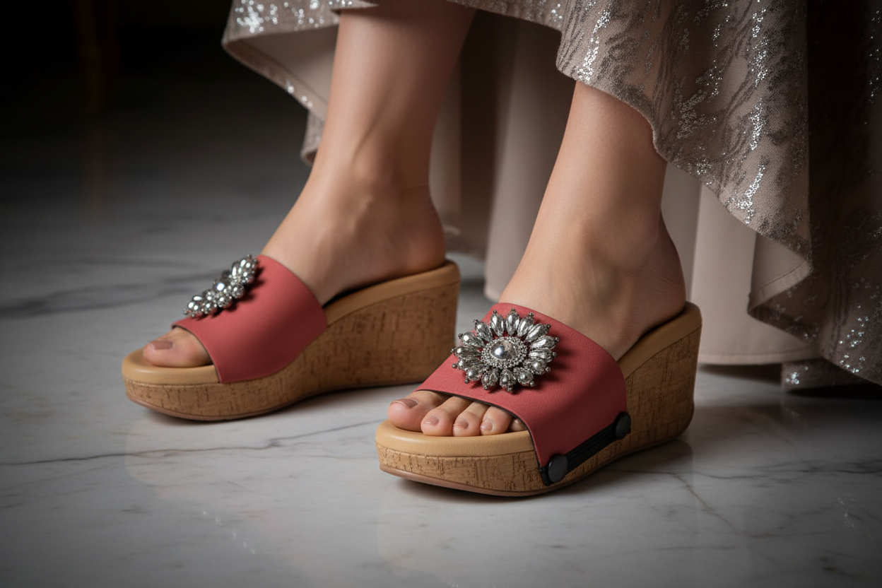 	Silver Circle Brooch clip-on on red wedge sandal – Soule footwear