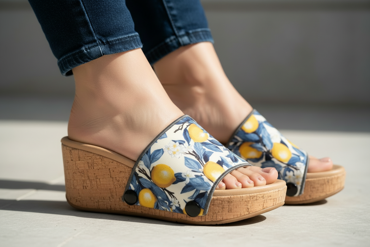 Close-up of feet wearing Lemon Grove citrus print snap-on strap cork wedge sandals with jeans by Soule Footwear