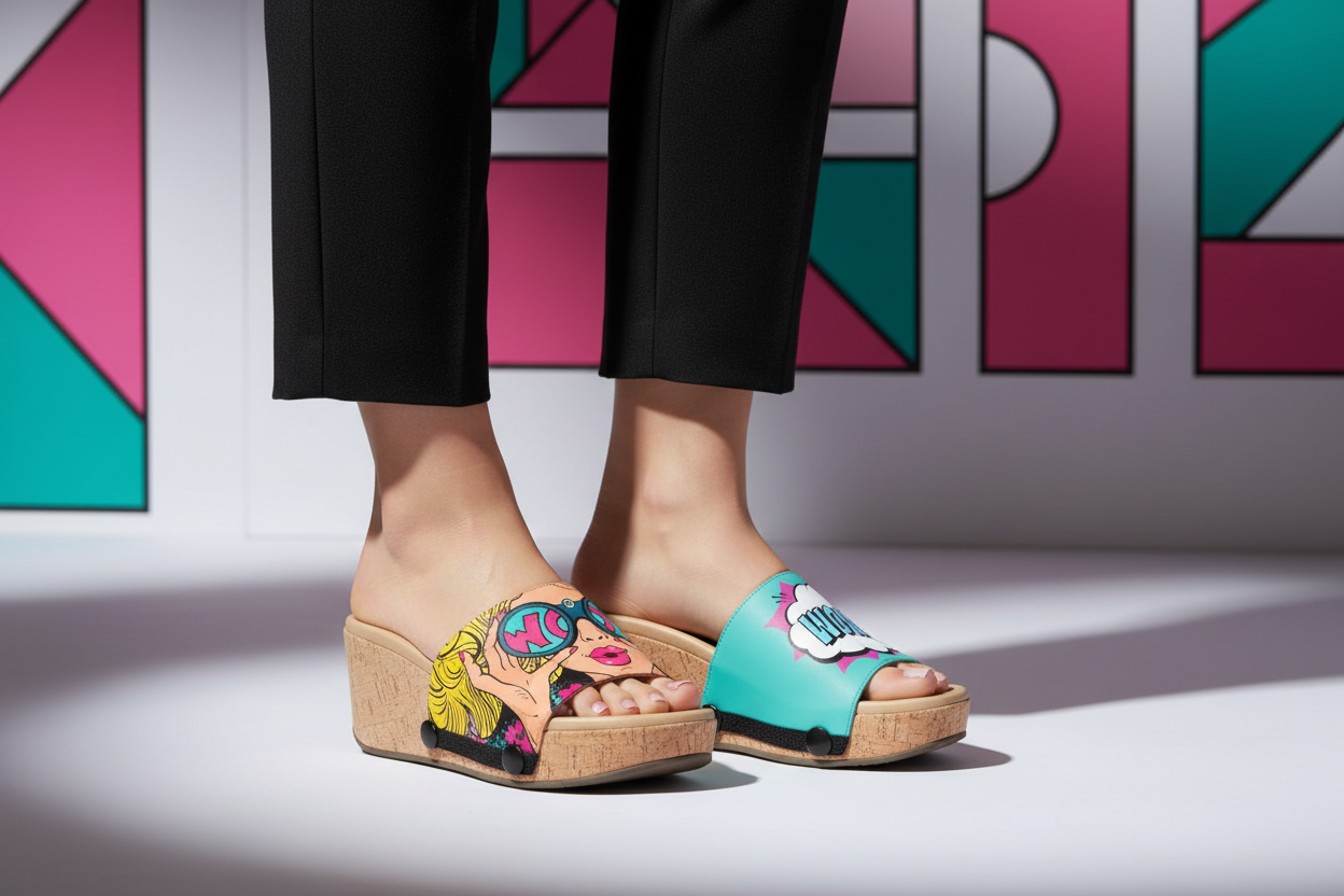 WOW snap-on shoe strap set close-up on cork wedge - Lichtenstein blonde binoculars and teal WOW speech bubble by Soule