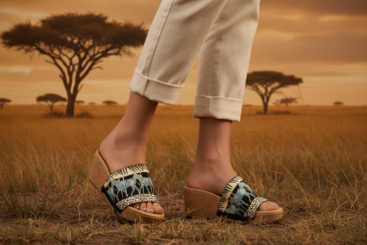 Zebra Luxe snap-on shoe strap set close-up on cork wedge -  zebra stripes, blue zebra herd by Soule