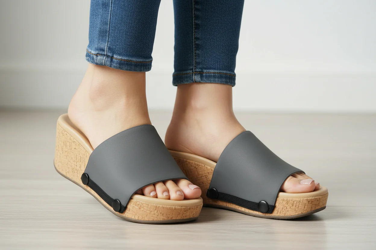 Model wearing Soule cork wedge sandal with Slate interchangeable strap