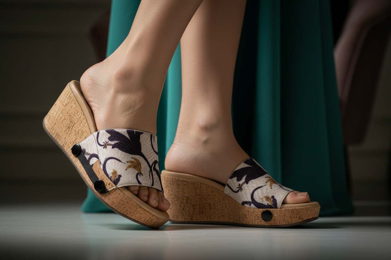 Playful Primate snap-on shoe strap set close-up on cork wedge - bold navy blue monkeys and golden bananas on cream by Soule