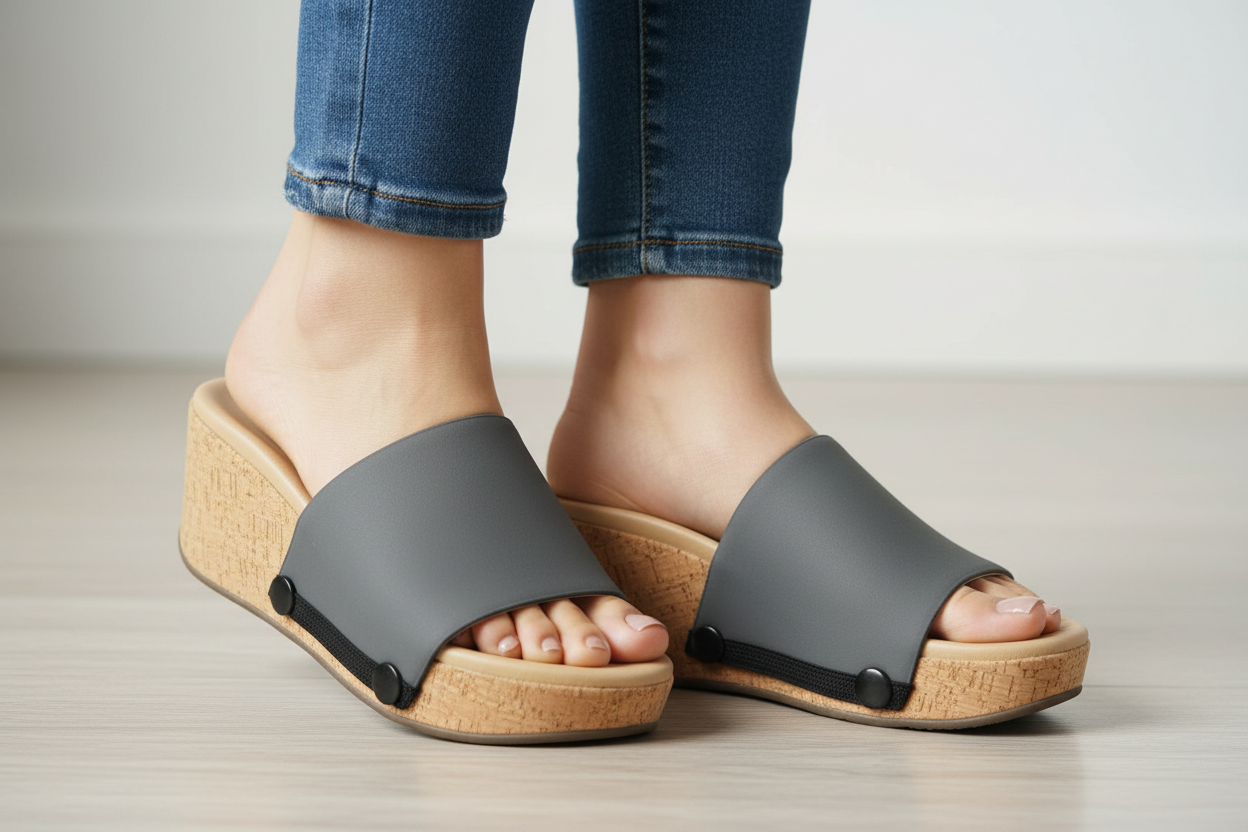 Close-up of Slate Serenity cool grey solid interchangeable strap on cork wedge sole by Soule Footwear