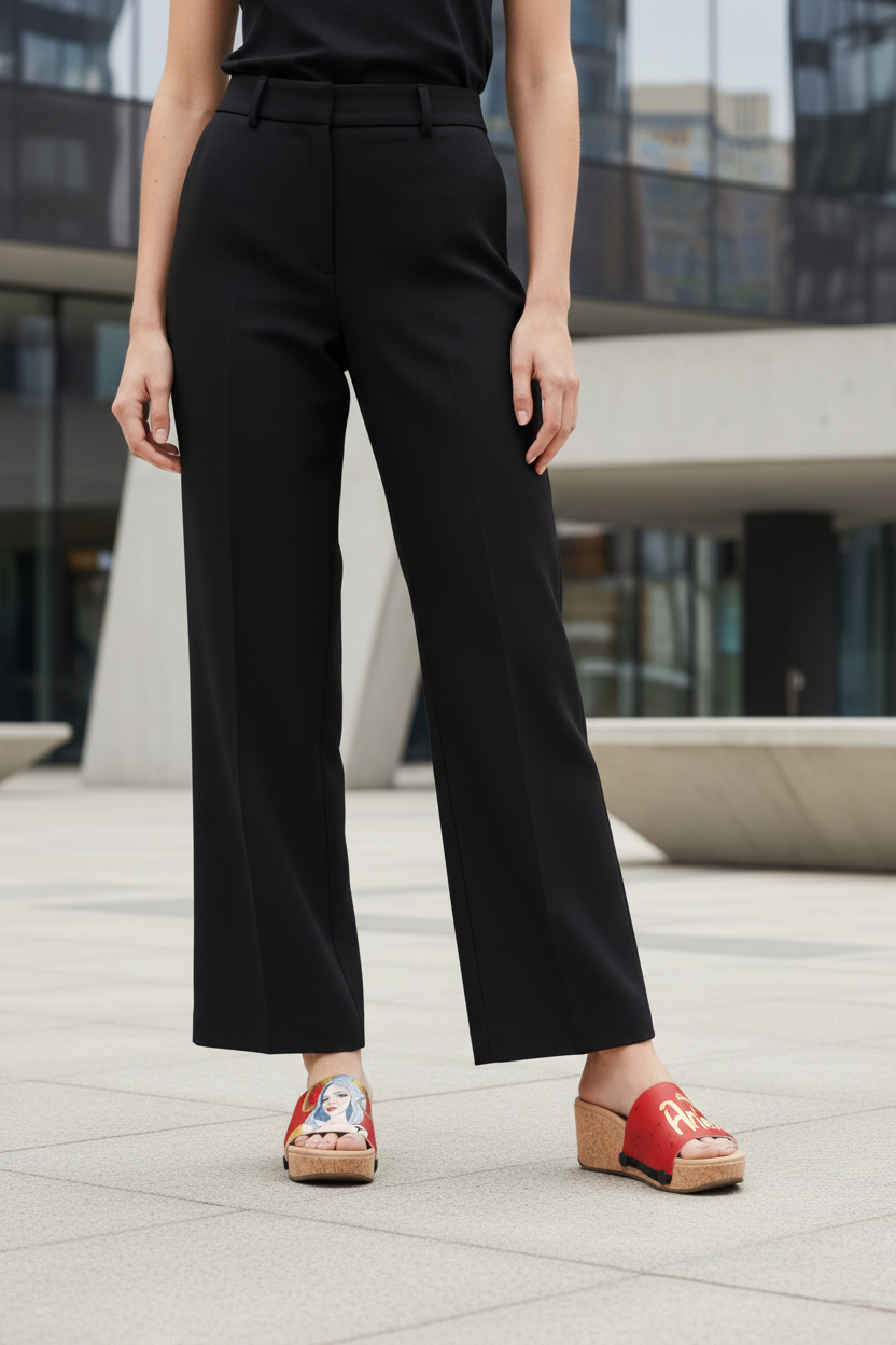 Mid-shot of slim model in smart casual black outfit wearing red Daring Aries zodiac snap-on strap cork wedge sandals on a modern city street by Soule Footwear