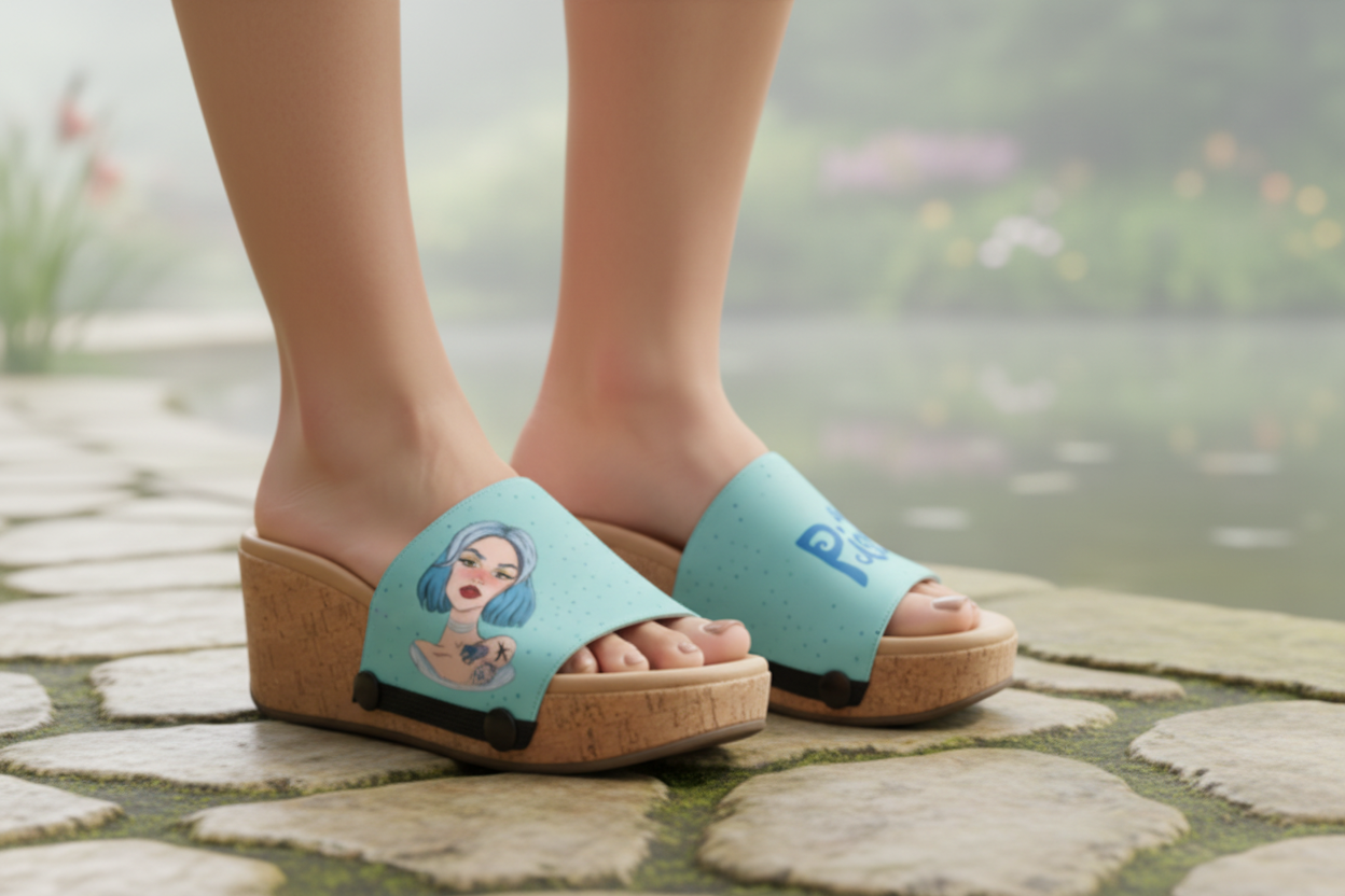 Close-up of cork wedge slide sandals with black snap clips and soft teal Dreamy Pisces zodiac strap on a stone garden path by Soule Footwear
