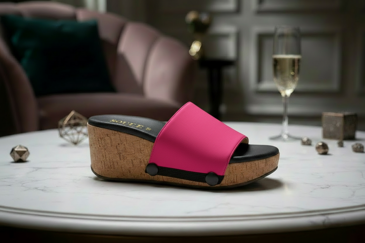 Close-up of Shocking Pink solid interchangeable strap on cork wedge sole by Soule Footwear on marble table